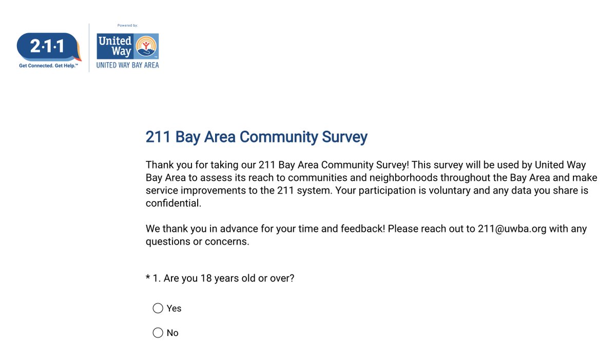Can you spare 2 minutes to help us improve our 211 program!? We will use this survey to assess 211's reach to communities and neighborhoods throughout the #BayArea. Thank you for helping us improve our services!

Spanish: okt.to/AkjB5h
English: okt.to/9LDGoO
