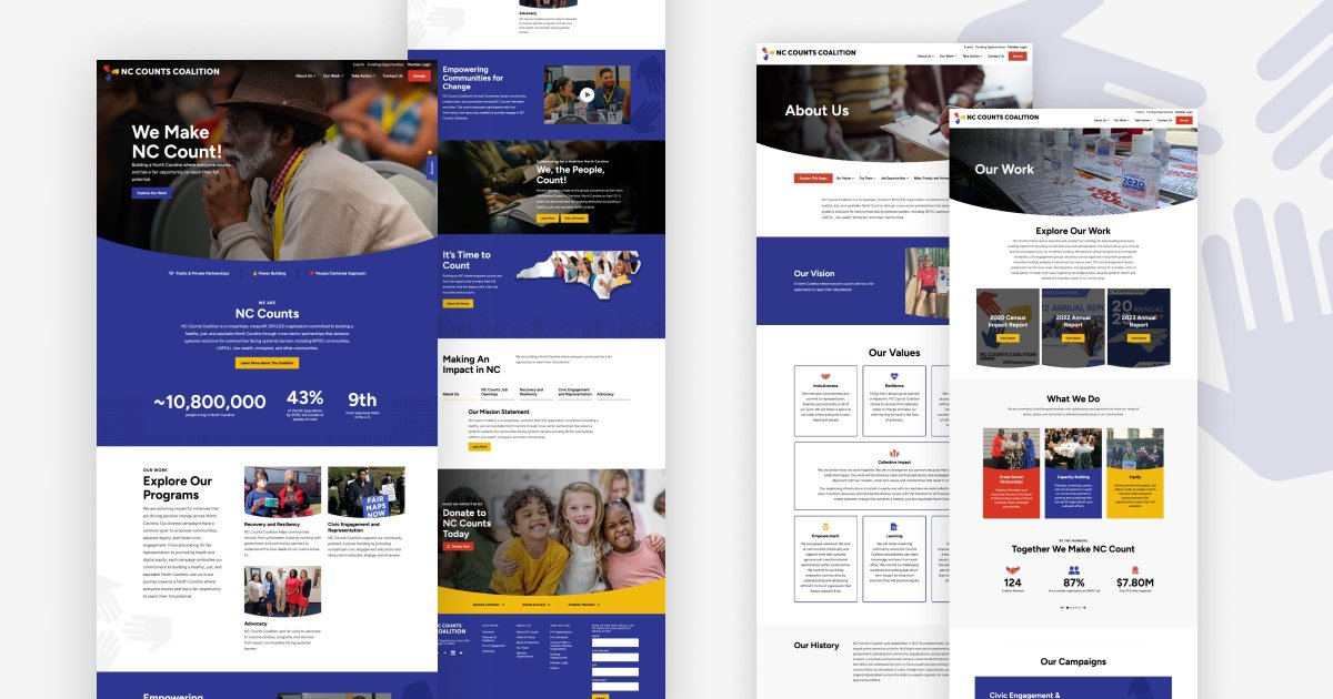 The new NC Counts Coalition site features dynamic graphics, a filtered member listing, and effectively organized content to inspire Census participation for a fully represented, healthy, just, and equitable North Carolina. Check out the site at nccounts.org