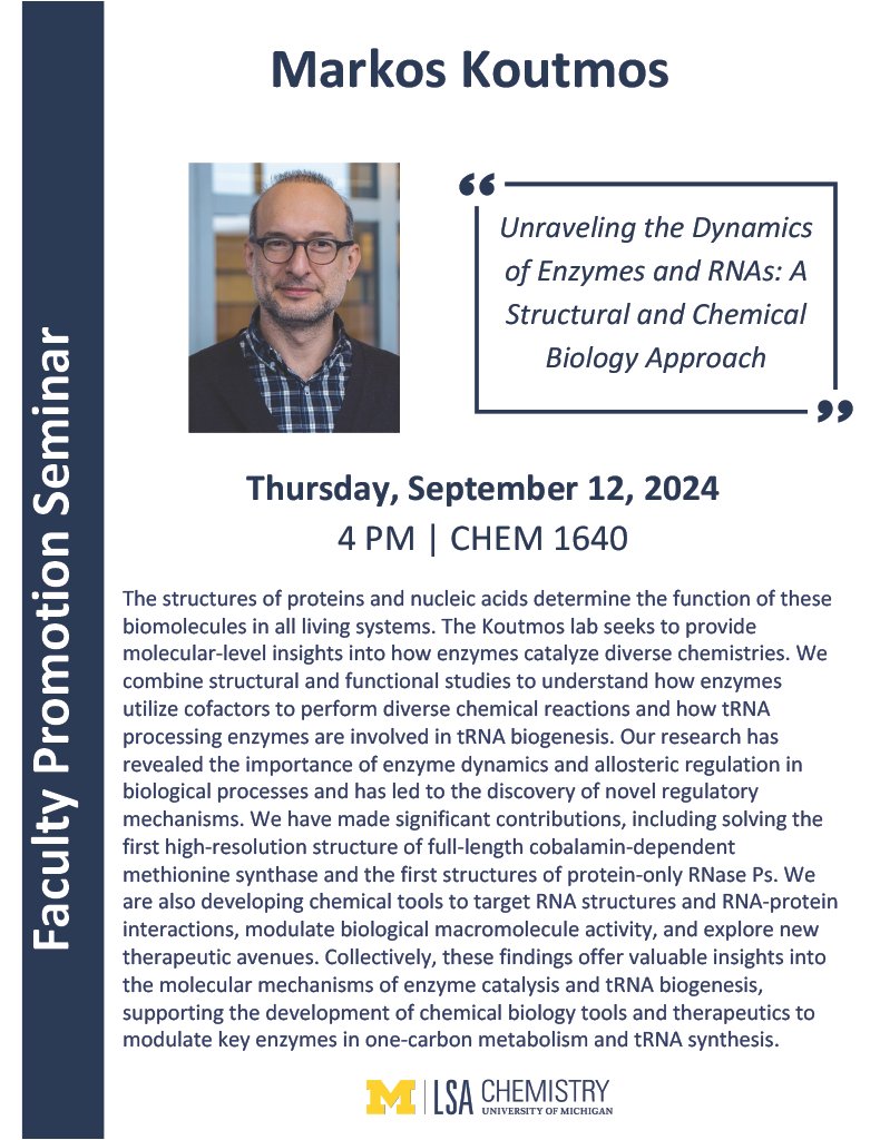 Markos' tenure talk is today! Join us at 4pm in CHEM 1640 to learn about the variety of projects in the lab - from B12/metalloenzymes to RNA modifications to riboswitches!
