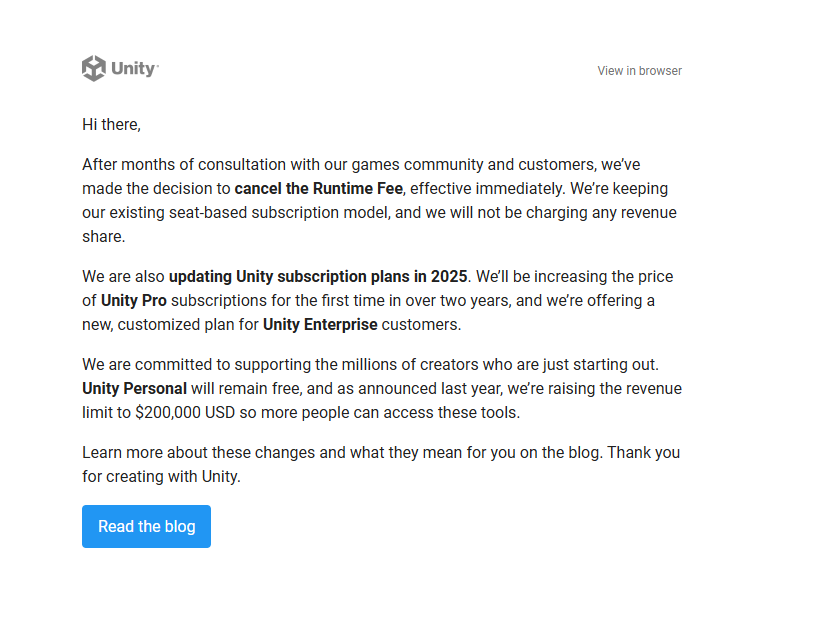 SbeveEntertain's tweet photo. Lookie here
@unitygames decided to cancel the #RuntimeFee

#RuntimeFeeCancelled https://t.co/GZykq42Fou