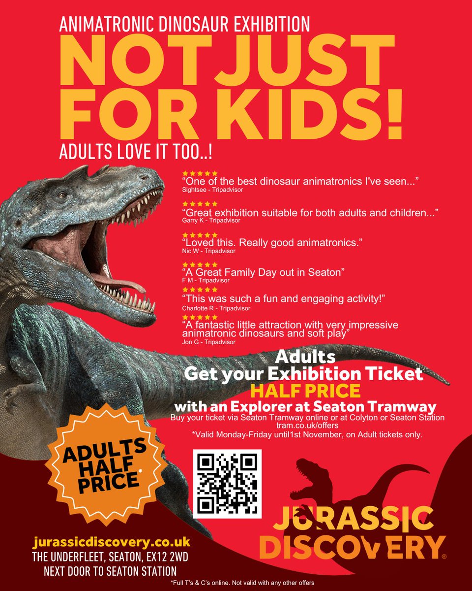 SeatonTramway's tweet photo. #NotJustForKids!
We are offering all Adults Half-Price entrance to the Jurassic Discovery Exhibition when you purchase an Explorer Ticket!
Get your combined Ticket here: https://t.co/cTGCHdy6fk
#seatontramway #jurassicdsicovery #offer https://t.co/m1BHlMASU0