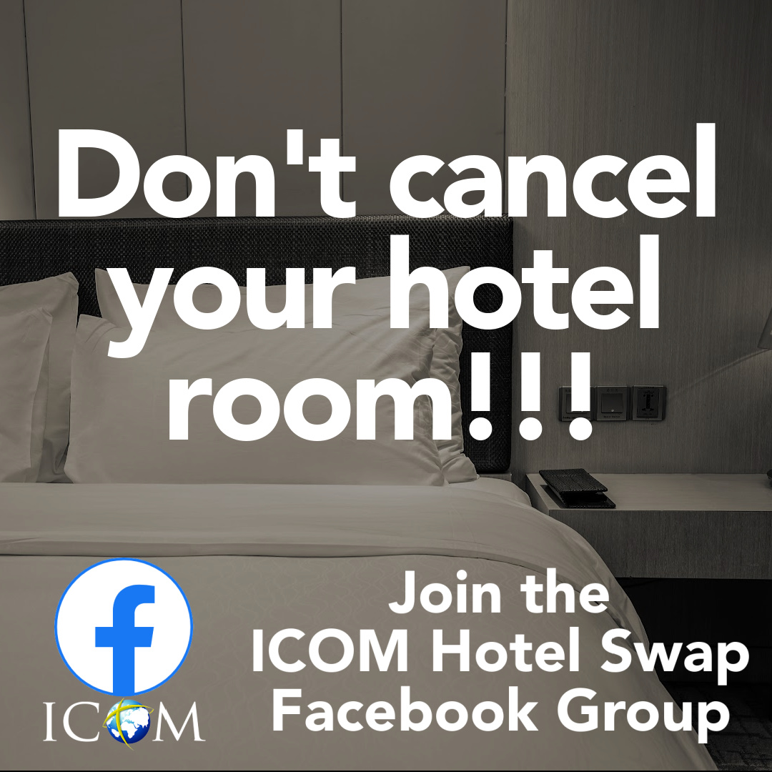 Don't cancel your hotel rooms! Join the ICOM Hotel Swap Facebook Group instead. When you cancel  directly with the hotel, those rooms go back in the hotel inventory &amp; not back to the ICOM blocks - which hurts ICOM when it comes time to settle the bill! facebook.com/groups/ICOMhot…