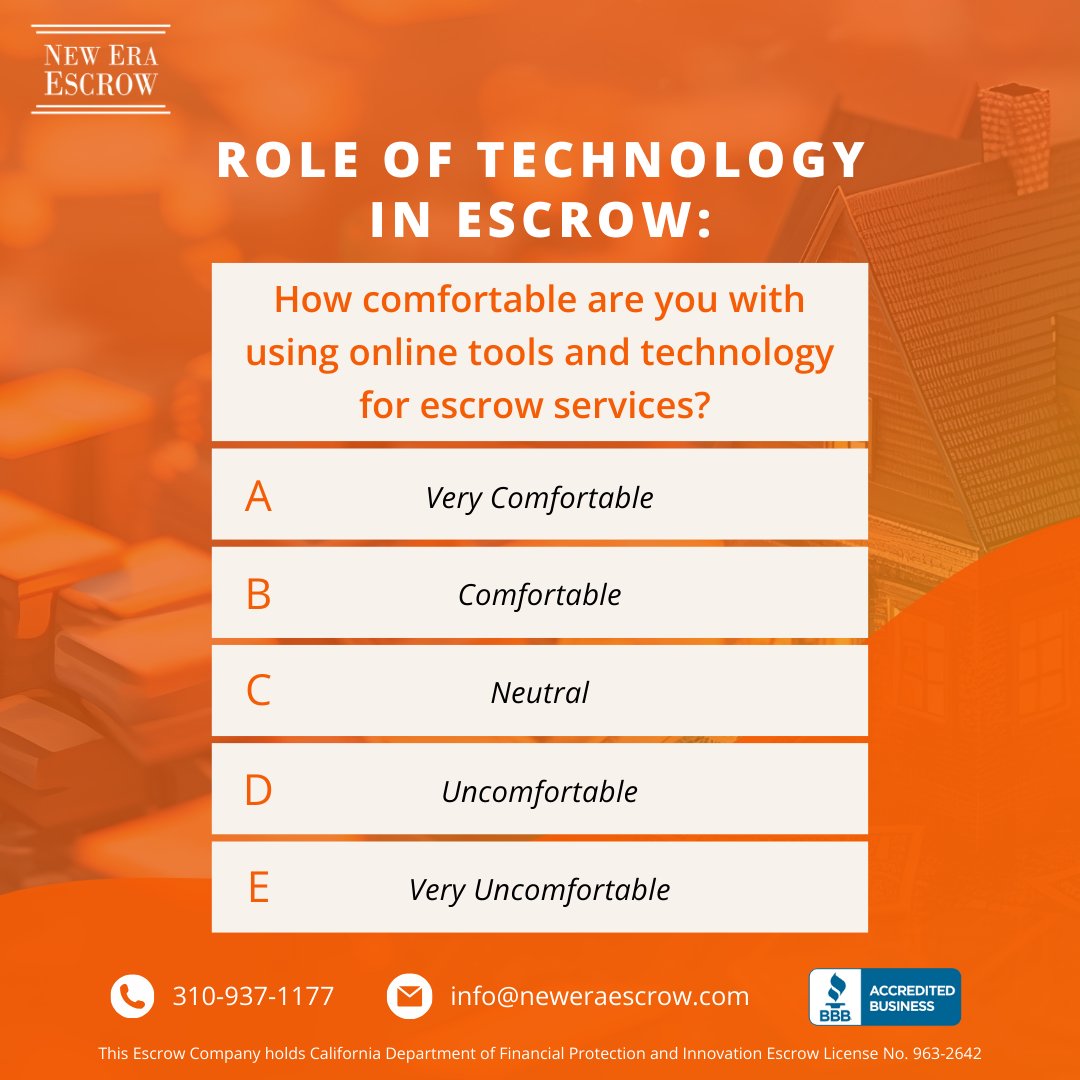 neweraescrow_'s tweet image. 🏠💻 Tech and escrow go hand in hand! How comfortable are you with online escrow tools? Rate it as Very Comfortable, Comfortable, Neutral, Uncomfortable, or Very Uncomfortable. Your feedback drives our improvements! 🌟🔍 #EscrowTech #CustomerInput

#neweraescrow #realestate