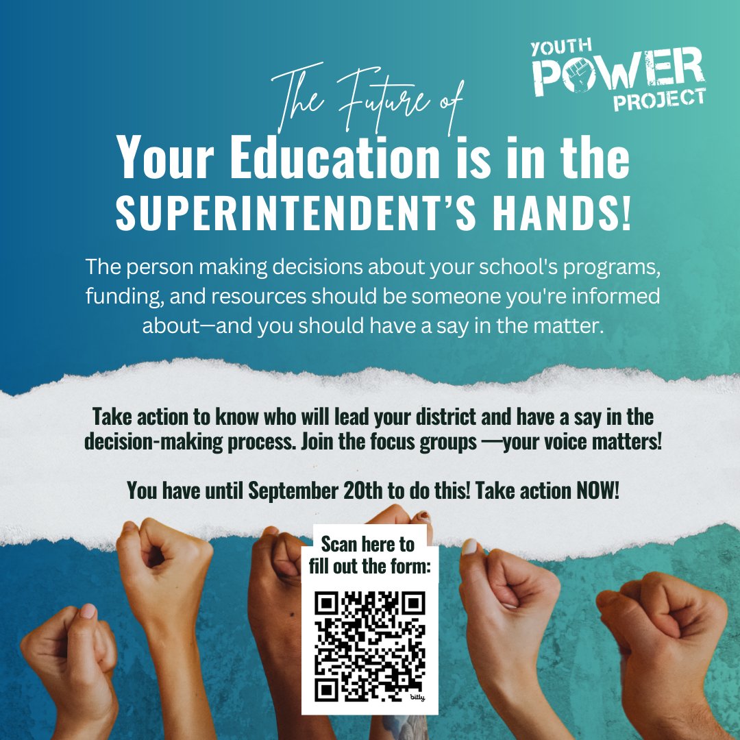 📢 The superintendent makes decisions about programs, funding, and resources that shape your education. But do you know who’s applying? 🧐 You have the right to know!

Join focus groups and make your voice heard: bit.ly/4dZsG66 
📝 Your future is on the line!