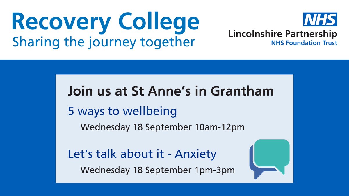 The #LincsRecoveryCollege team is running two free courses at St Anne's Church in Grantham on Wednesday 18 September. 

Book your place at lpft.nhs.uk/recovery-colle… and learn more about the 5 ways to wellbeing and understanding and managing anxiety.