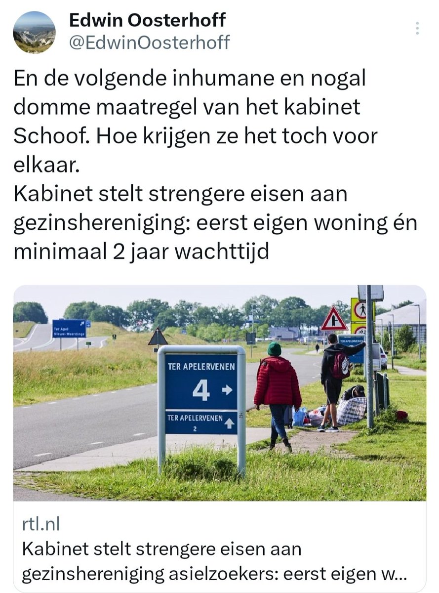 BertvanVondel's tweet photo. Edje @EdwinOosterhoff vindt #strengere #eisen voor #gezinshereniging #inhumaan en een #domme #maatregel. Edje wil alles naar Nederland halen en zo snel mogelijk of niet, Edje? https://t.co/jNX1n1pk35