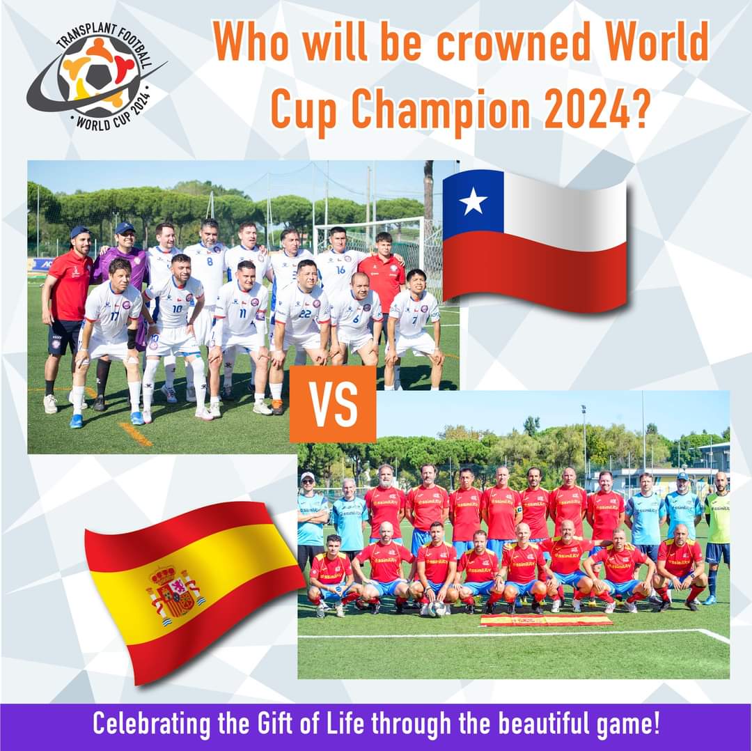 1°Copa Mundial de Trasplantados 
La FINAL 
13/09/24
10:00h
🇨🇱Chile vs 🇪🇸 España
PARTIDO EN DIRECTO
youtube.com/@wtgf
PATROCINADOR OFICIAL
dissimility.es
COLABORA:
promede.com
#transplantfootballworldcup #tfwc2024 #ONT_esp #trasplante #DonaÓrganos
<a href="/rfef/">RFEF</a>
