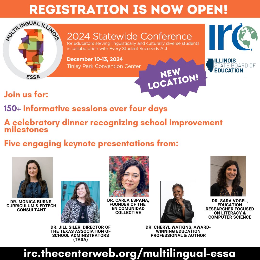 IL_Resource_Ctr's tweet image. The wait is over! Registration is now OPEN for the 2024 Multilingual IL/ESSA Conference! Join us in Tinley Park December 10-13 for four days, five engaging keynotes, 150+ sessions, infinite opportunities to connect and much, much more.
