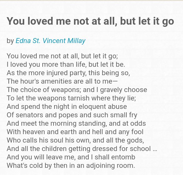 jennifereeser's tweet photo. "...The choice of weapons; and I gravely choose
To let the weapons tarnish where they lie;
And spend the night in eloquent abuse
Of senators and popes and such small fry..." #WritingCommunity #Millay #sonnet #Diplomacy #PeaceNotWar https://t.co/X09RHNduwB