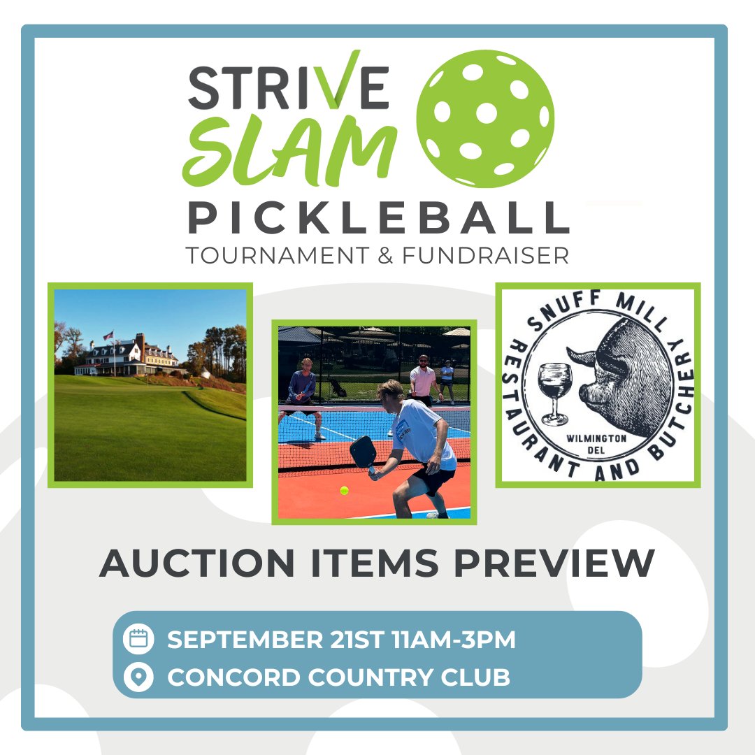Check out some of our upcoming auction items: 🏌️🎾🥩 Round of Golf for 4 at Applebrook Golf Club, Racquets Lesson with Nolan Bacchieri, and Snuff Mill Restaurant Gift Basket. Keep an eye out for the link to start bidding on 9/20! #StriveSlam2024 #pickleball #fundraiser