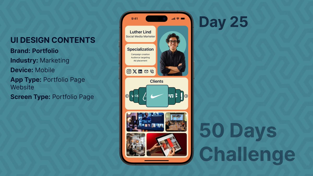 ashish1lexbaa's tweet image. 🚀 Day 25 of my #50DaysUIChallenge! Designed a sleek portfolio page for a social media marketer. 🎨📱 The journey continues! #UIDesign #Marketing #PortfolioDesign #MobileUI #DesignInspiration