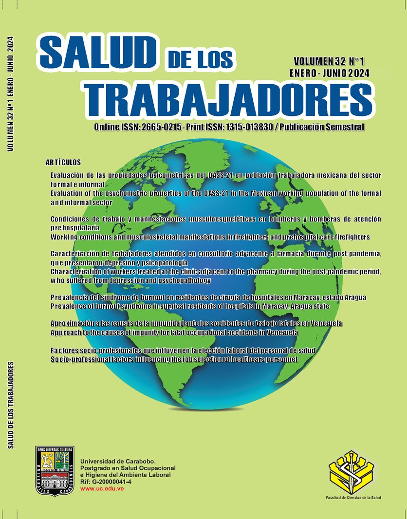 Revista Salud de los Trabajadores Volumen 32, Número 1 Enero-Junio 2024 de <a href="/FCS_UC/">FCS Sede Carabobo UC</a> <a href="/UCarabobo/">Universidad de Carabobo</a> en el portal de Revistas <a href="/RedBiblioUC/">Red Bibliotecas UC</a> servicio.bc.uc.edu.ve