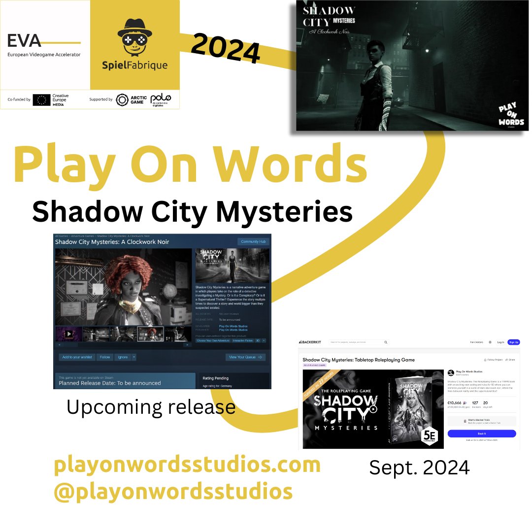 #EVA alumni updates: Unforeseen Incidents is on mobile, The Witch's Bakery hits 200% funding, Shadow City Mysteries TTRPG fully funded! 🎮🎲 #EVA2024