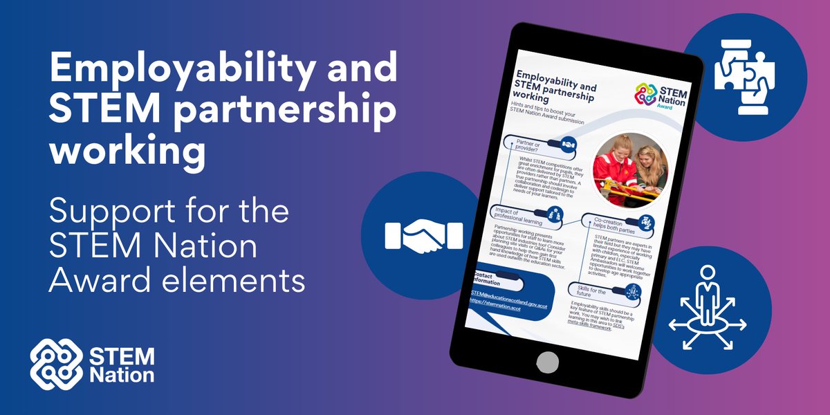 Check out these top tips to boost your #STEMnation Award application 💫 #STEMpartnership
- True partnership
- Professional learning
- Co-creation
- Skills
View the hints and tips for all five elements here: blogs.glowscotland.org.uk/glowblogs/publ…
<a href="/ScotSTEMAmb/">STEM Ambassadors in Scotland</a>