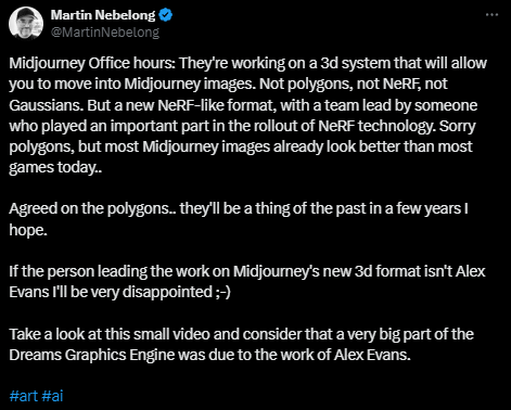 GeorgeCrudo's tweet photo. For any newer 3D artists - please do not listen to this guy. He only posts engagement bait so he can get sponsorships.

Polygons are not going anywhere. A Midjourney image is not a video game. If you know anything about game dev this post falls apart at the first basic question https://t.co/KO9NWir1vg