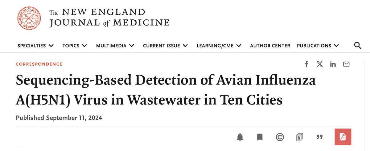 The NEJM paper on sequencing wastewater for #H5N1 is particularly important because it allows us to understand when the virus is adapting toward human-human transmission. It seems that multiple mutations would be necessary for this scenario to occur, but knowing when it is