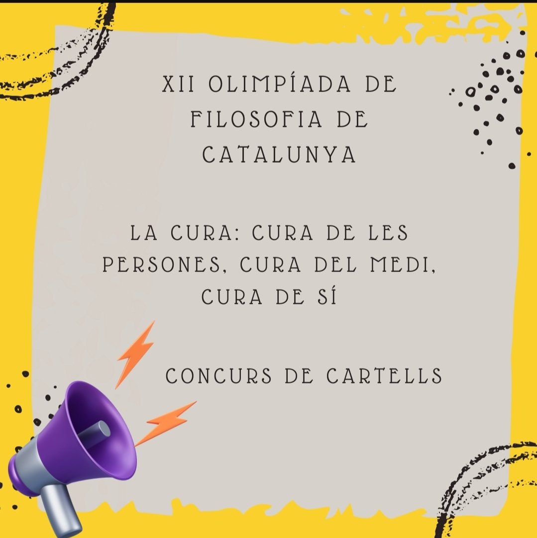 Ja tenim en marxa el concurs de cartells de la XII Olimpíada de Filosofia de Catalunya Podeu fer-nos arribar les vostres propostes a olimpiadafotografia@gmail.com  fins al 5 de novembre de 2024 Consulteu les bases al nostre blog blocs.xtec.cat/filolimp/ Animeu-vos a participar!