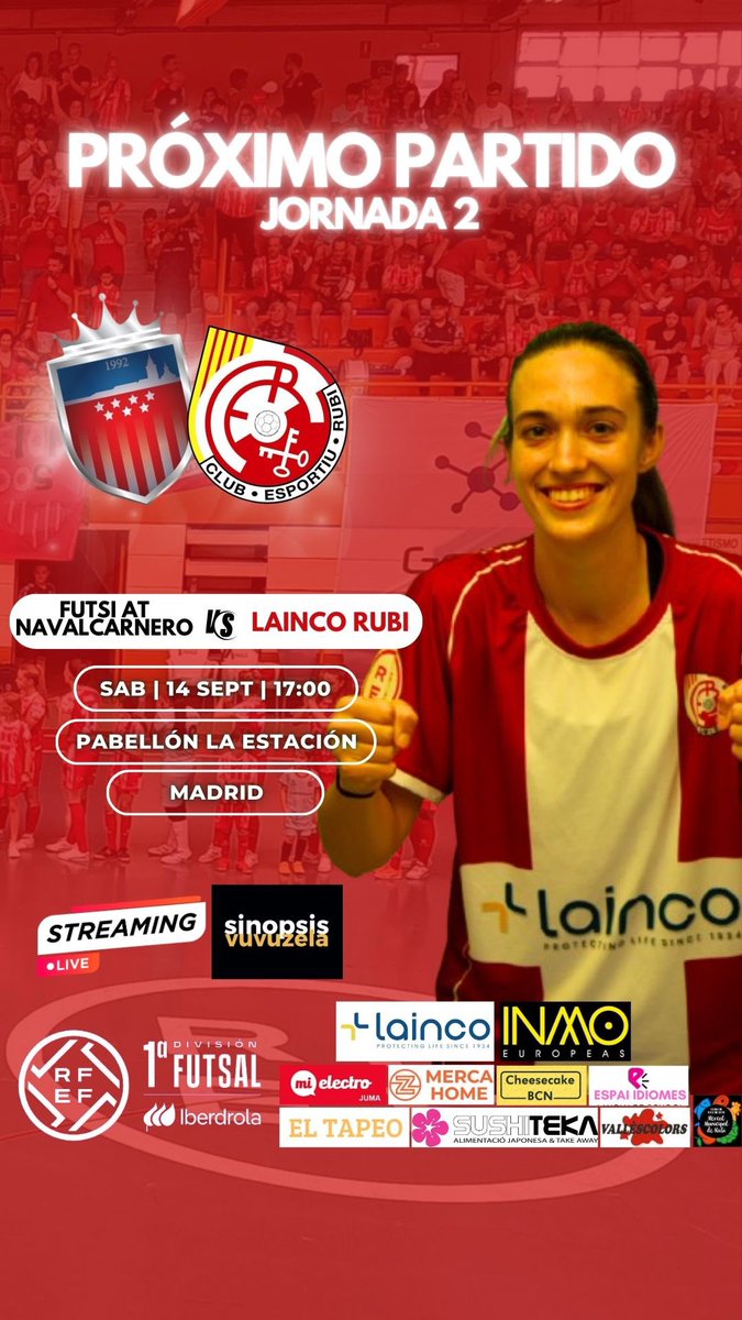 Esportiu Rubí FS (@esportiurubifs) on Twitter photo 🔴¡PRÓXIMO PARTIDO, JORNADA 2!⚪️
Esta semana viajamos a Madrid, Navalcarnero. Visitamos a <a href="/futsi_atletico/">Futsi Atlético Navalcarnero</a> para disputar la segunda jornada de la competición <a href="/FutSalRFEF/">Futsal RFEF</a> 🙌🏼
VAMOS RUBÍ🚀🔴⚪️
🆚 <a href="/futsi_atletico/">Futsi Atlético Navalcarnero</a>
📍 Pabellón la Estacion
⏰ 17:00
⏯️ Canal YT <a href="/live_vuvuzela/">SinopsisVuvuzela</a> 🔴¡PRÓXIMO PARTIDO, JORNADA 2!⚪️
Esta semana viajamos a Madrid, Navalcarnero. Visitamos a <a href="/futsi_atletico/">Futsi Atlético Navalcarnero</a> para disputar la segunda jornada de la competición <a href="/FutSalRFEF/">Futsal RFEF</a> 🙌🏼
VAMOS RUBÍ🚀🔴⚪️
🆚 <a href="/futsi_atletico/">Futsi Atlético Navalcarnero</a>
📍 Pabellón la Estacion
⏰ 17:00
⏯️ Canal YT <a href="/live_vuvuzela/">SinopsisVuvuzela</a>