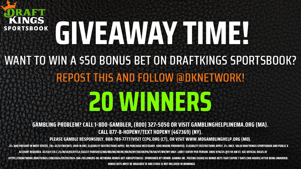 DraftKings Network (@dknetwork) on Twitter photo GIVEAWAY!!
To celebrate hitting 50K followers, we wanted to thank YOU by giving away 20 $50 <a href="/DKSportsbook/">DraftKings Sportsbook</a> bonus bets ๐
To Enter:
1. Repost this post
2. Follow us
Ends 9/16 12pm ET. T&C: bit.ly/4gqfqcb GIVEAWAY!!
To celebrate hitting 50K followers, we wanted to thank YOU by giving away 20 $50 <a href="/DKSportsbook/">DraftKings Sportsbook</a> bonus bets ๐
To Enter:
1. Repost this post
2. Follow us
Ends 9/16 12pm ET. T&C: bit.ly/4gqfqcb