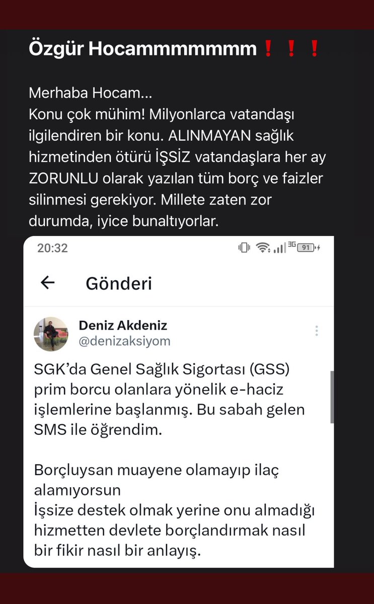 GSS Prim Borcu olayını gündeme getirmem ses getirdi.

Konu önemli ‼️‼️

Yetkililerden ricam: Lütfen Milyonlarca vatandaşımıza yapılan bu haksızlığı durdurun.

Bu mesajımı her yere YAYIN LÜTFEN…