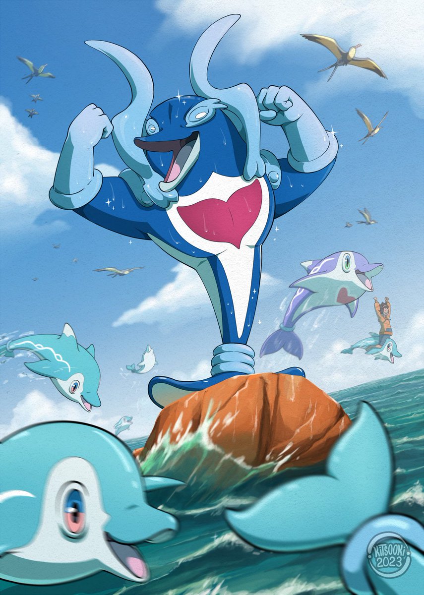 My piece for the <a href="/Paldea_Zine/">Scarlet & Violet Zine: FINISHED!</a> 
It's been a long time coming to post this but I still LOVE how this came out ✨
Finizen, Palafin, Wattrel and Kilowattrel galore!🌊🐬
#Pokemon