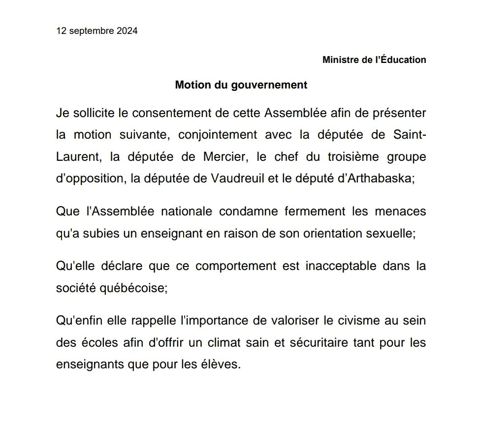 Relève de la CAQ (@releve_caq) on Twitter photo Nous sommes fiers du ministre de l’Éducation <a href="/BDrainvilleQc/">Bernard Drainville</a> qui a fait adopter à l'unanimité en chambre ce matin une motion pour dénoncer les actes d'intimidation et de violence et rappeler l'importance du civisme à l'école.
#polqc #education #CRCAQ Nous sommes fiers du ministre de l’Éducation <a href="/BDrainvilleQc/">Bernard Drainville</a> qui a fait adopter à l'unanimité en chambre ce matin une motion pour dénoncer les actes d'intimidation et de violence et rappeler l'importance du civisme à l'école.
#polqc #education #CRCAQ