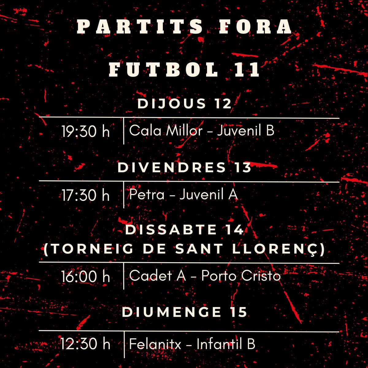🚨🔴⚫️🚨
Aquí teniu tots els partits dels nostres equips des d'avui dijous 12 fins a diumenge 15.
Els nostres dos equips amateurs ja comencen la lliga❗️