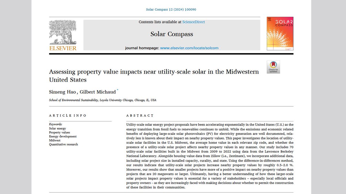 New publication! In <a href="/ElsevierConnect/">Elsevier</a>’s Solar Compass (<a href="/isasolarcompass/">Solar Compass journal</a>), <a href="/LoyolaSES/">Loyola School of Environmental Sustainability</a> alum Simeng Hao and I find that large-scale #solar projects in the Midwestern US increase nearby property values by 0.5–2.0%. @ElsevierEnergy <a href="/isolaralliance/">International Solar Alliance</a> (1/7)

sciencedirect.com/science/articl…