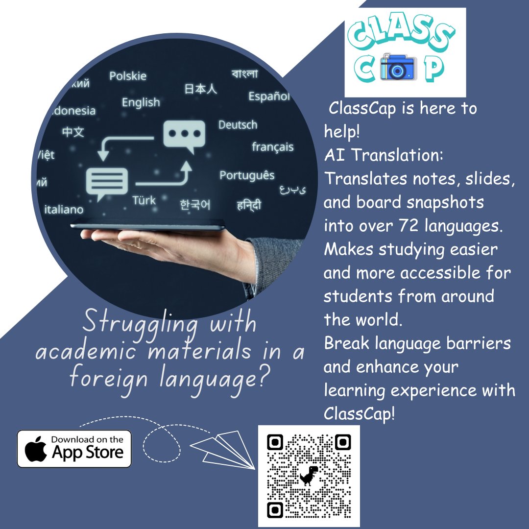 ClassC5762's tweet image. ClassCap: The ultimate study companion! Capture, categorize, and translate your academic notes into over 72 languages. Perfect for every student! 🌍📚 

#ClassCap #GlobalLearning #EdTech