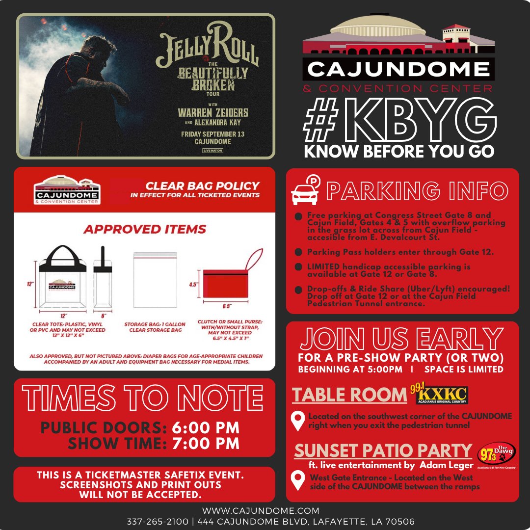 #KnowBeforeYouGo

Jelly Roll’s Beautifully Broken Tour featuring special guests Warren Zeiders and Alexandra Kay will be here at the #CAJUNDOME tomorrow - 9.13.24!

Here are a few things to #KnowBeforeYouGo. But for everything you might need, please visit cajundome.com