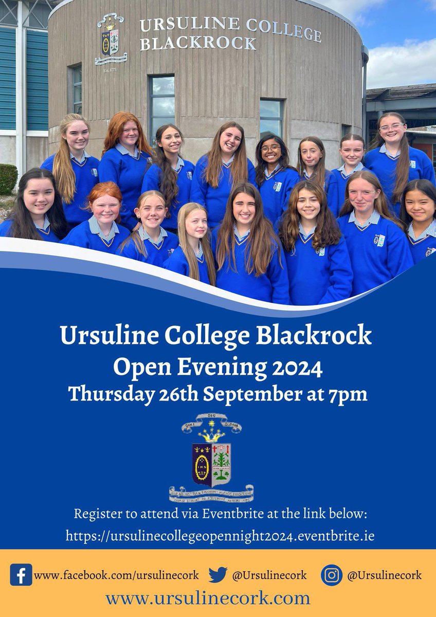 The Ursuline College Blackrock Open Evening 2024 will be held on Thursday the 26th of September at 7pm. We hope to see you all there. Please register to attend via the Eventbrite link below eventbrite.ie/e/ursuline-col…