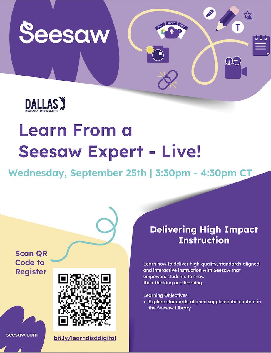 Digital Learning in Early Learning (@digitaldisd) on Twitter photo 📢 PreK - 2 teachers! Join us over the next 2 weeks and learn how Seesaw can foster joy and drive impactful instruction in your classroom 🤩 Register at bit.ly/learndisddigit… for sessions on 9/17 and 9/25 from 3:30 - 4:30 PM! @dallasisdschools <a href="/ICanReadDallas/">Early Learning Dallas ISD</a> <a href="/CrisJackson23/">Cristal Jackson</a> 📢 PreK - 2 teachers! Join us over the next 2 weeks and learn how Seesaw can foster joy and drive impactful instruction in your classroom 🤩 Register at bit.ly/learndisddigit… for sessions on 9/17 and 9/25 from 3:30 - 4:30 PM! @dallasisdschools <a href="/ICanReadDallas/">Early Learning Dallas ISD</a> <a href="/CrisJackson23/">Cristal Jackson</a>