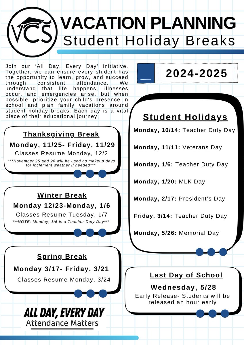 Plan Ahead with VCS! 🏖️
At Volusia County Schools, we believe every school day counts towards your child’s success. To support consistent attendance, we encourage you to plan family vacations during student holiday breaks. Each school day is crucial for your child’s growth, so