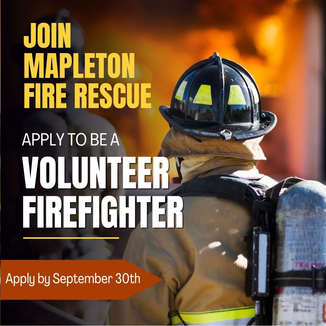 Mapleton Fire Rescue needs YOU! 
Visit bit.ly/3yOpkU9 for more information on becoming a volunteer firefighter or email resume to cloos@mapleton.ca.

Minimum Requirements
🔥Be over 18 years of age
🔥Live in Mapleton
🔥Attend two fire practices per month