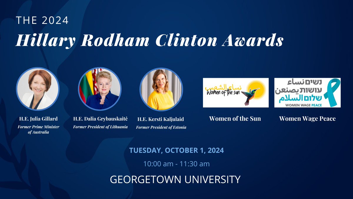 GU Women & Peace (@giwps) on Twitter photo Join our #HRCAwards ceremony on Oct 1. Secretary <a href="/HillaryClinton/">Hillary Clinton</a> will honor former heads of state and gov't <a href="/JuliaGillard/">Julia Gillard</a>, <a href="/Grybauskaite_LT/">Dalia Grybauskaitė</a>, & <a href="/KerstiKaljulaid/">Kersti Kaljulaid</a>. We will also honor Palestinian and Israeli peacebuilders Women of the Sun & <a href="/WomenWagePeace/">נשים עושות שלום</a>. giwps.georgetown.edu/event/2024-hil… Join our #HRCAwards ceremony on Oct 1. Secretary <a href="/HillaryClinton/">Hillary Clinton</a> will honor former heads of state and gov't <a href="/JuliaGillard/">Julia Gillard</a>, <a href="/Grybauskaite_LT/">Dalia Grybauskaitė</a>, & <a href="/KerstiKaljulaid/">Kersti Kaljulaid</a>. We will also honor Palestinian and Israeli peacebuilders Women of the Sun & <a href="/WomenWagePeace/">נשים עושות שלום</a>. giwps.georgetown.edu/event/2024-hil…