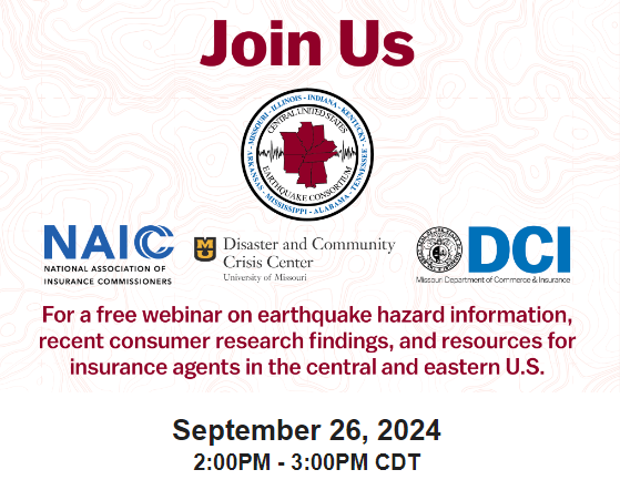 Central U.S. Earthquake Consortium (@eqconsortium) on Twitter photo On 9/26 at 2PM CDT, CUSEC, <a href="/NAIC/">National Association of Insurance Commissioners</a> <a href="/MissouriDCI/">Missouri Department of Commerce & Insurance</a> <a href="/DCC_Center/">Disaster Center</a> & <a href="/CascadiaEQ/">CREW.org</a> are holding a webinar for insurance agents on resources, research, & tools that can be used to educate consumers on #earthquake #insurance. More info & registration is at mailchi.mp/cusec/webinar-… #NPM2024 On 9/26 at 2PM CDT, CUSEC, <a href="/NAIC/">National Association of Insurance Commissioners</a> <a href="/MissouriDCI/">Missouri Department of Commerce & Insurance</a> <a href="/DCC_Center/">Disaster Center</a> & <a href="/CascadiaEQ/">CREW.org</a> are holding a webinar for insurance agents on resources, research, & tools that can be used to educate consumers on #earthquake #insurance. More info & registration is at mailchi.mp/cusec/webinar-… #NPM2024