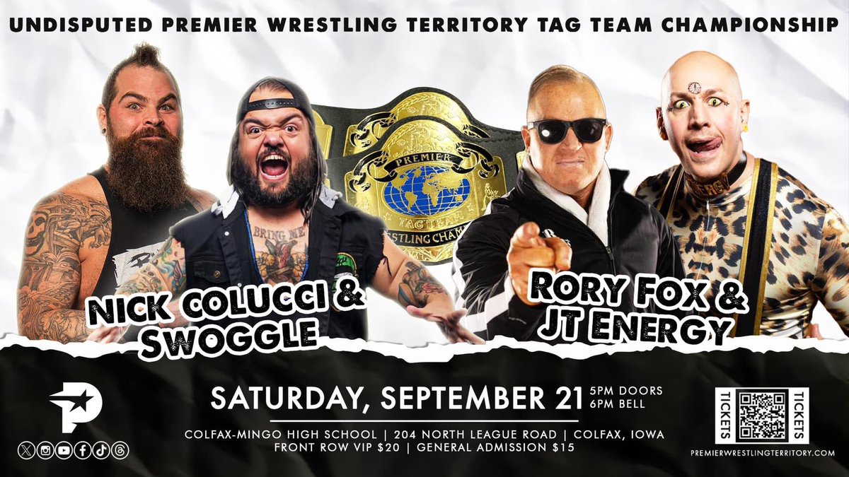 DJClickNPlay's tweet image. In just over 1 week I debut for @PWTerritory alongside @roryfox_ as unlikely partners come together to face @DylanPostl #Swoggle &amp;amp; @BruiserColucci to determine who will be the 1st ever #PWT Tag Team Champions! 

Come out to #ColfaxMingo High School for this event!