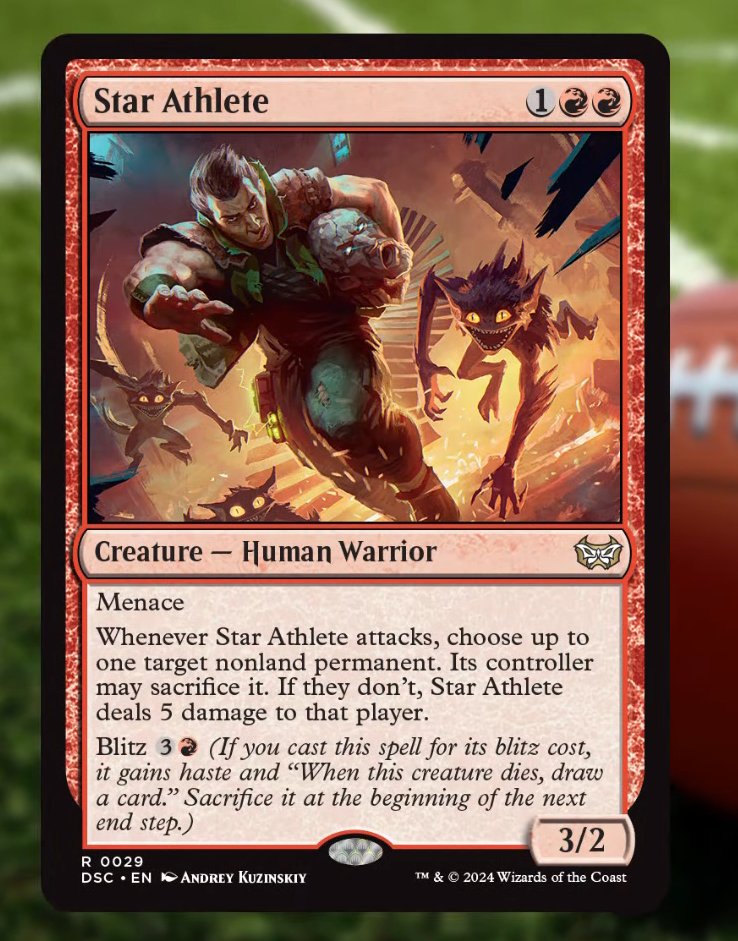 Star Athlete really pushes the punisher mechanic, and is a Rare creature from the #MTGDuskmourn Endless Punishment Commander deck! #MTG Star Athlete really pushes the punisher mechanic, and is a Rare creature from the #MTGDuskmourn Endless Punishment Commander deck! #MTG
