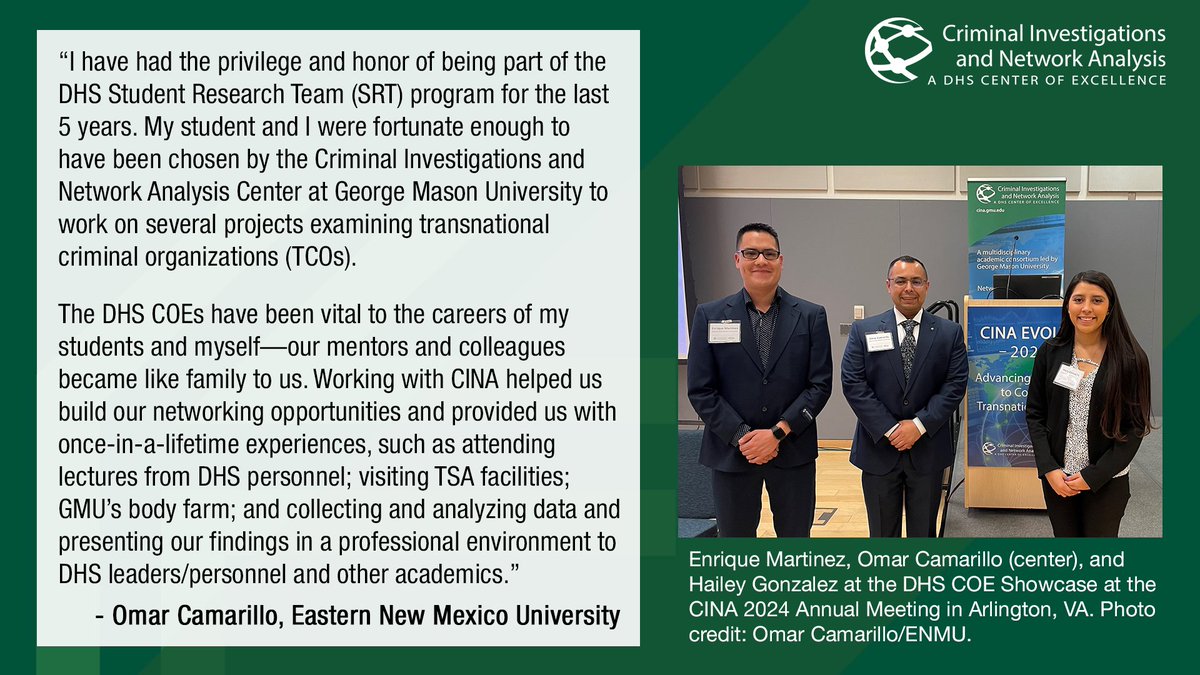 Past CINA Summer Research Team participants Omar Camarillo and students from <a href="/enmu/">ENMU</a> were featured on <a href="/dhsscitech/">DHS Science and Technology Directorate</a>'s 20th Anniversary blog and celebration, describing highlights from their experience. Read the full article here: dhs.gov/science-and-te…

#dhs_coe_research