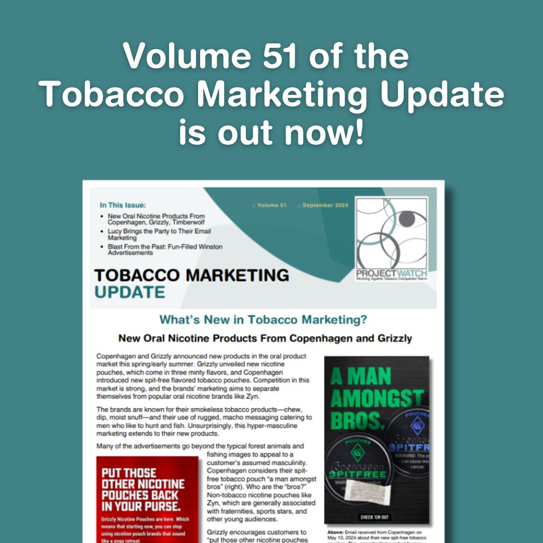 Volume 51 of the Tobacco Marketing Update is out now! This issue covers new oral nicotine products from Copenhagen and Grizzly, Lucy's party-themed marketing, and two Winston cigarette advertisements from 1966 and 1997.

Read the newsletter: ansrmn.org/_files/ugd/1b1….