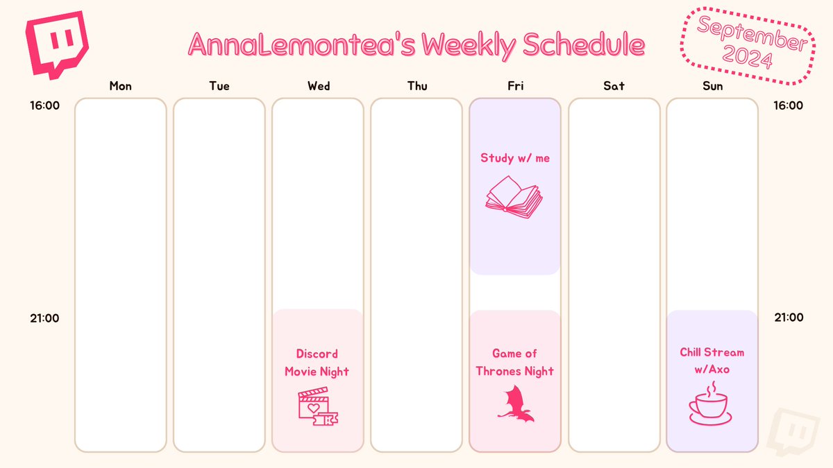 New schedule while I'm in the USA 🌸🌸🌸
(all times in CEST)