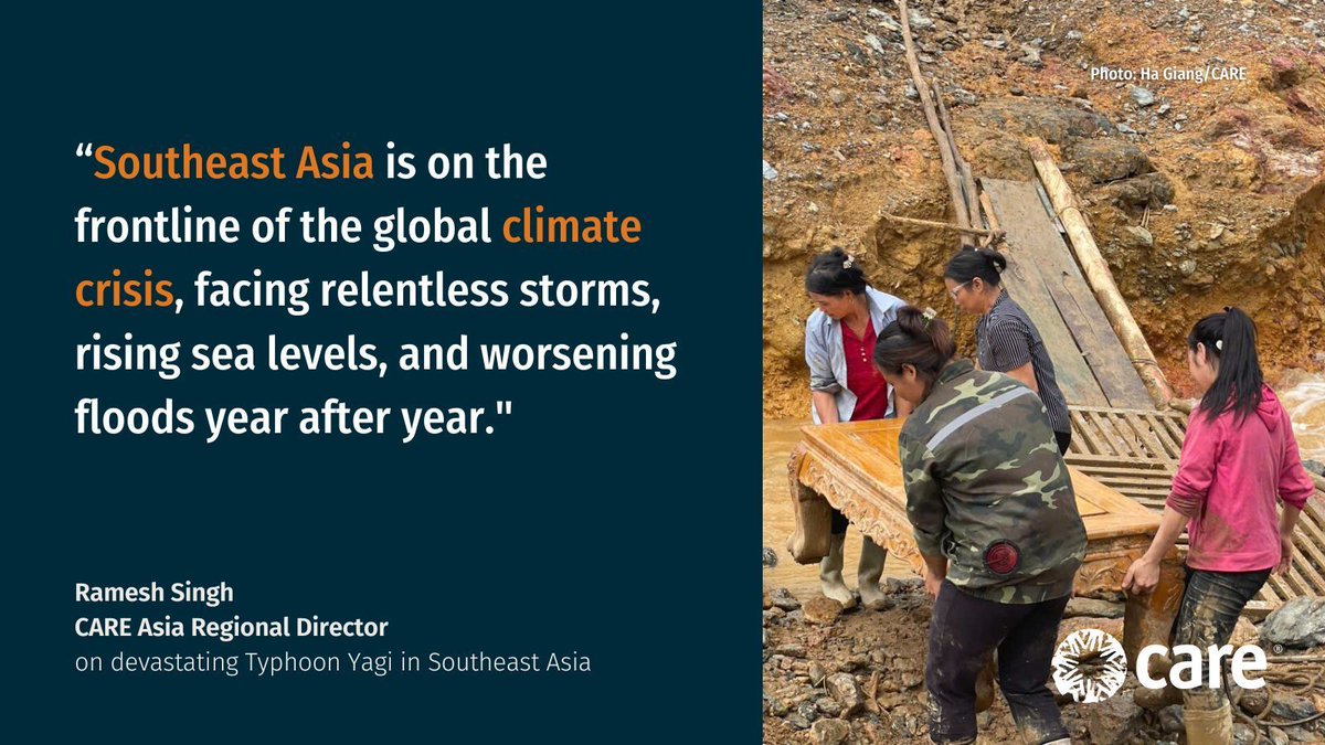 CAREGlobal's tweet photo. #TyphoonYagi has devastated Southeast Asia, affecting over 20M people across #Vietnam, the #Philippines, #Laos, #Thailand &amp; #Myanmar "This is the strongest typhoon we’ve seen in 30 years.” - Dung Le Kim, CARE Vietnam Director 

🔗 https://t.co/2ba1XWsU4q https://t.co/10i57FWYIu