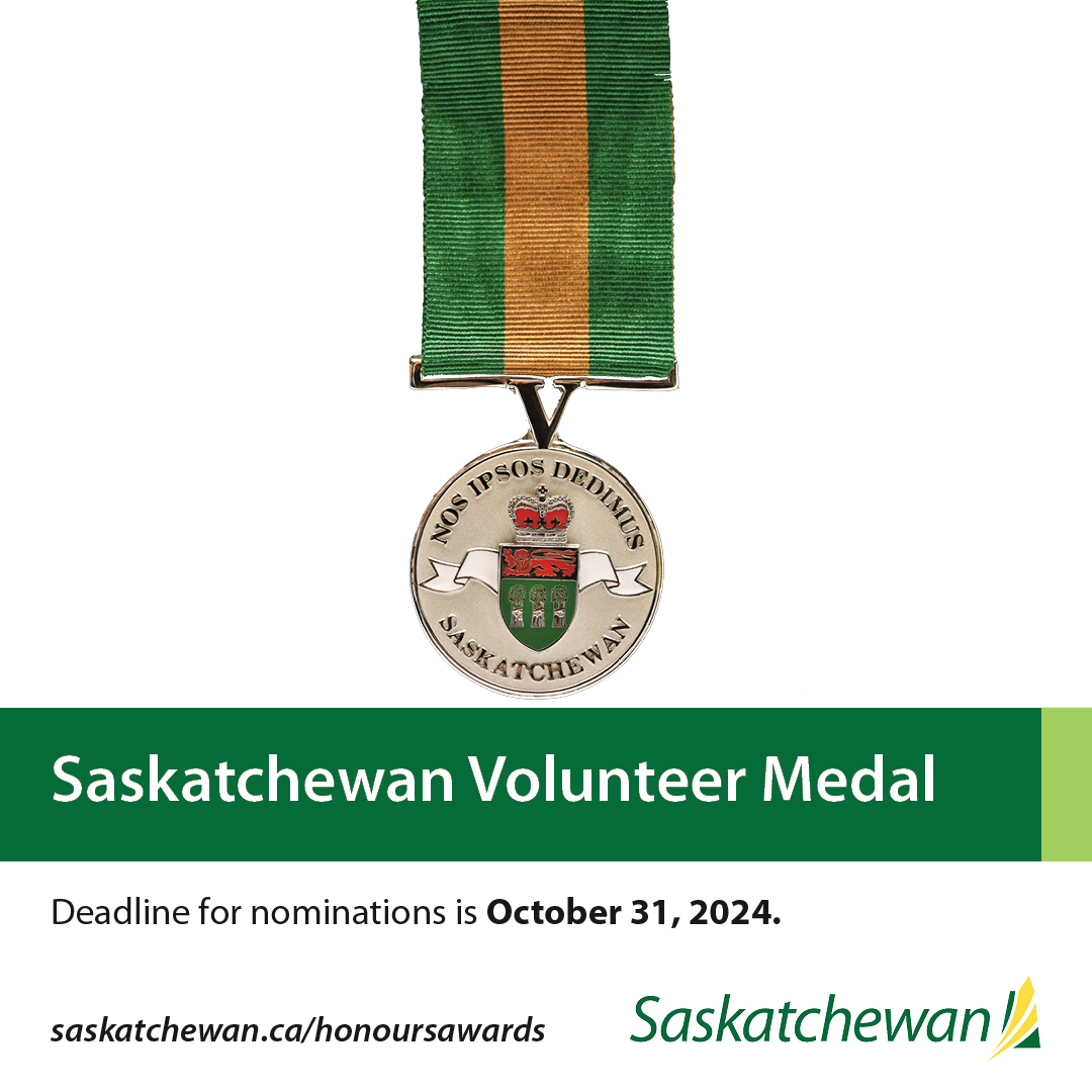 Do you know an exceptional volunteer? Nominate them for the Saskatchewan Volunteer Medal. This medal recognizes long-term Saskatchewan residents who have dedicated time to bettering their communities through volunteerism. The deadline is October 31, 2024. bit.ly/3Zmfp2R