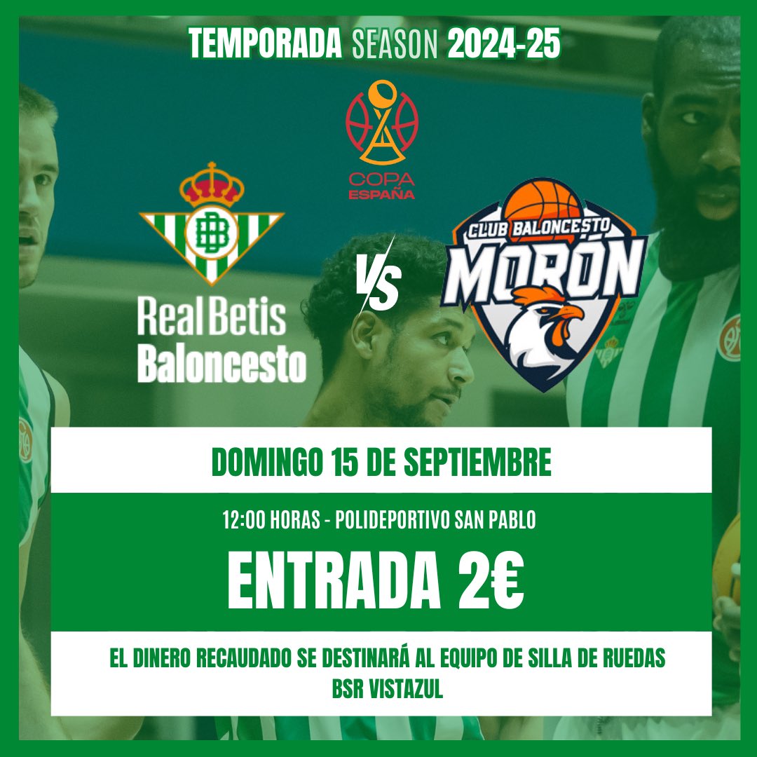💰Todas las entradas tienen un precio de 2€, sin importar la zona, y la recaudación irá destinada al club de baloncesto de silla de ruedas BSR Vistazul.

🖥️ Recuerda registrarte si no tienes cuenta para poder adquirirlas.

venta.betisbaloncesto.t2v.com/es/entradas/ve…