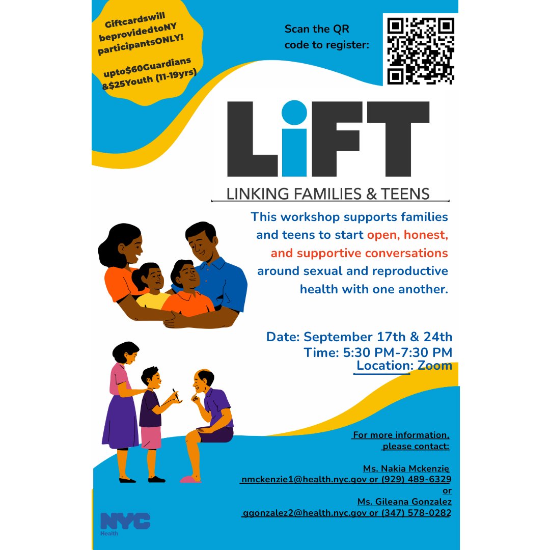 Share w/parents/guardians of teens: FREE workshop (in English and Spanish) from trusted partner on talking w/your teen about sexual &amp; reproductive health, supports + resources.

Hurry! Starts Tues. 9/17: Scan QR code to register or contact: nmckenzie1@health.nyc.gov