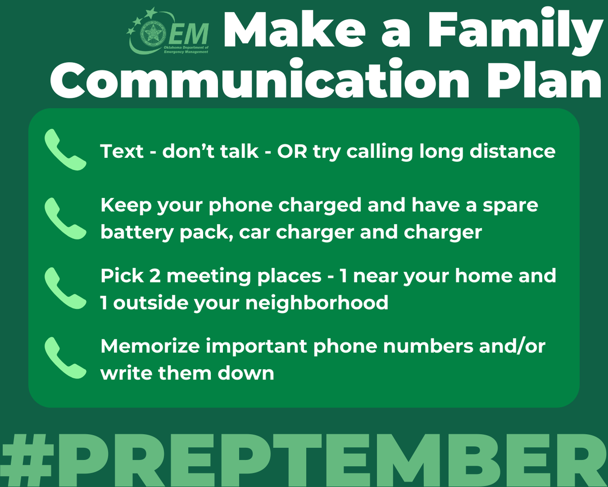 CityofEdmond's tweet photo. Make sure everyone knows the family communication plan this #Preptember!
- If cell towers are overwhelmed, text - don't talk
- Keep phones charged & have charging options
- Designate 2 meeting places to reunite if separated
- Memorize & write down important phone numbers https://t.co/iSuSPbKDGd