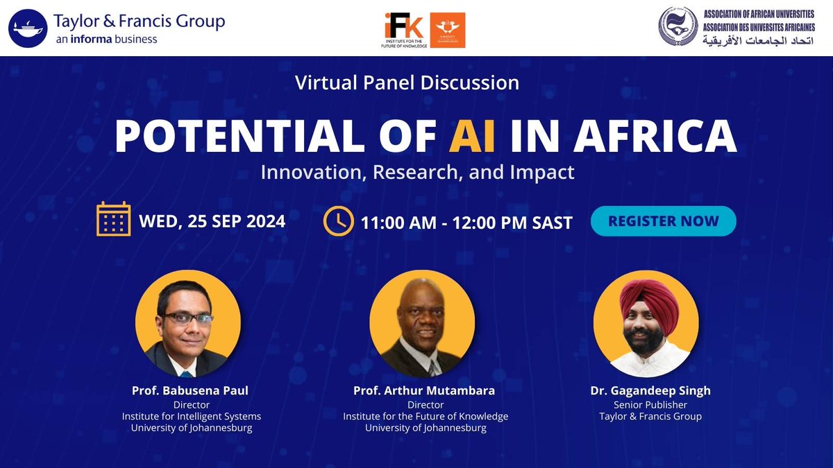 AAU_67's tweet photo. Africa's #AI potential is waiting to be explored!
Join our virtual panel discussion on Sept 25th at 11am SAST to explore the opportunities &amp; challenges.
Register here: https://t.co/s7knjTO0XS
#AIinAfrica #VirtualPanel #Innovation https://t.co/rQM8VnAJPW