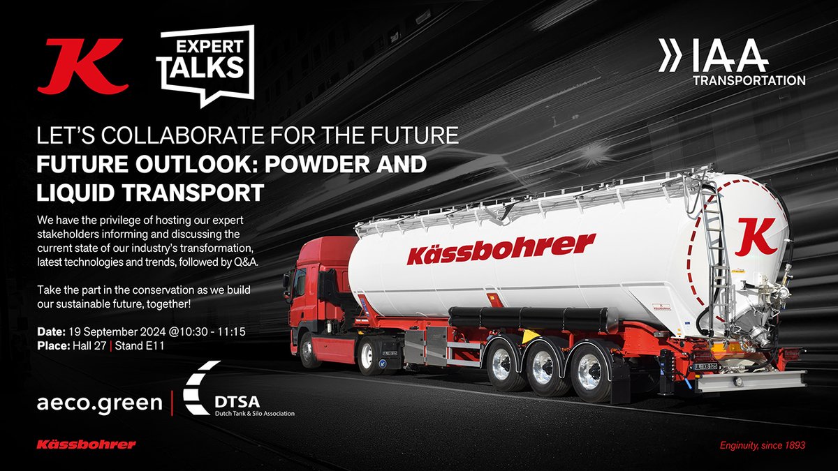 Kaessbohrer's tweet photo. Visit us at Hall 27, Stand E11, where we’ll showcase our latest developments and innovations.

Don’t miss our Future Outlook Special Edition: Future of Powder and Liquid Transport panel on 18th September, 10:30–11:15, with expert stakeholders from DTSA, Aeco-Green.

#IAA24 https://t.co/BLZF218WtU