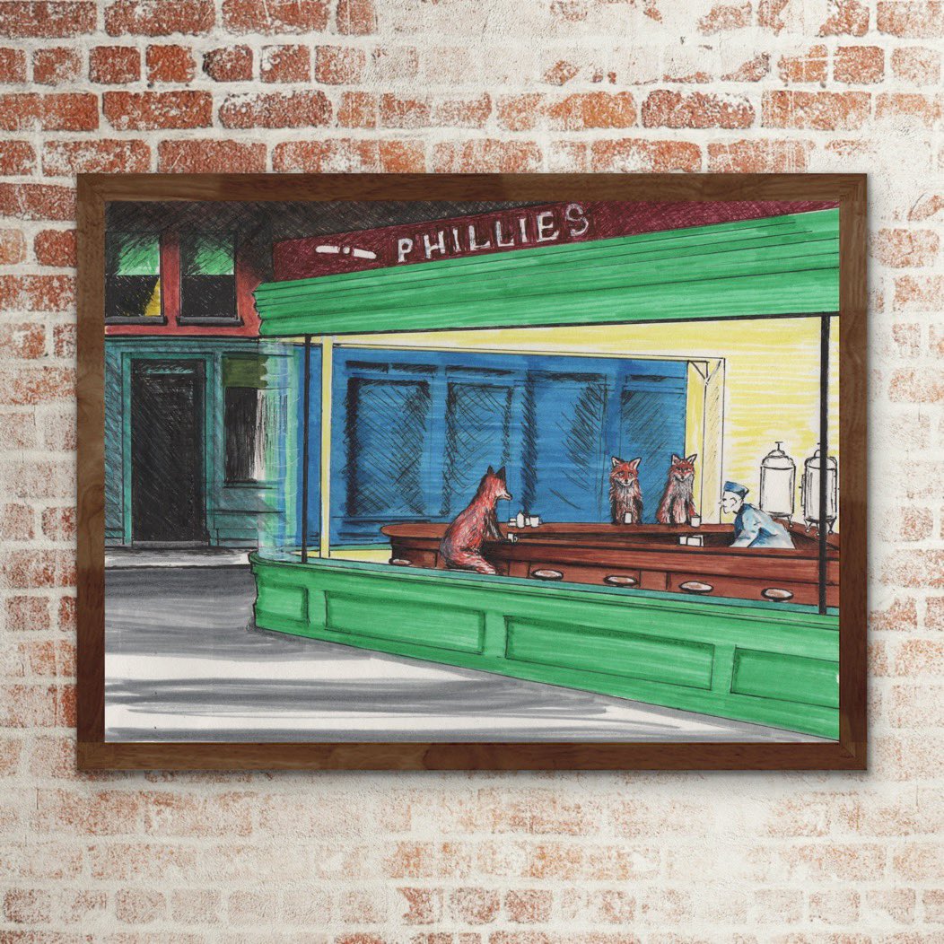 EdinburghFoxInk's tweet photo. #Nighthawksfoxes #comingsoon homage to #edwardhopper and my little nocturnal friends of course.
#nighthawks #LateNight #edinburghartist @hopperhouse https://t.co/R8oucBn3H4
