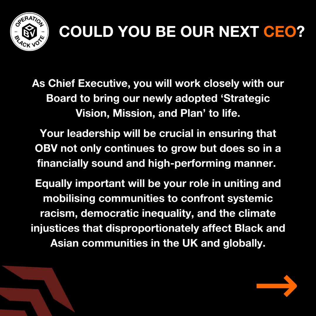 OpBlackVote's tweet photo. 🚨 We're Recruiting 🚨

Could You Be Our Next CEO? 🤔

If you are interested in this role, please email shaniya.patel@obv.org.uk to request an information pack.

Find out more about the role: https://t.co/0N9BekPumH

#OperationBlackVote #futureleaders #bameleaders https://t.co/CN3RlYFvpL